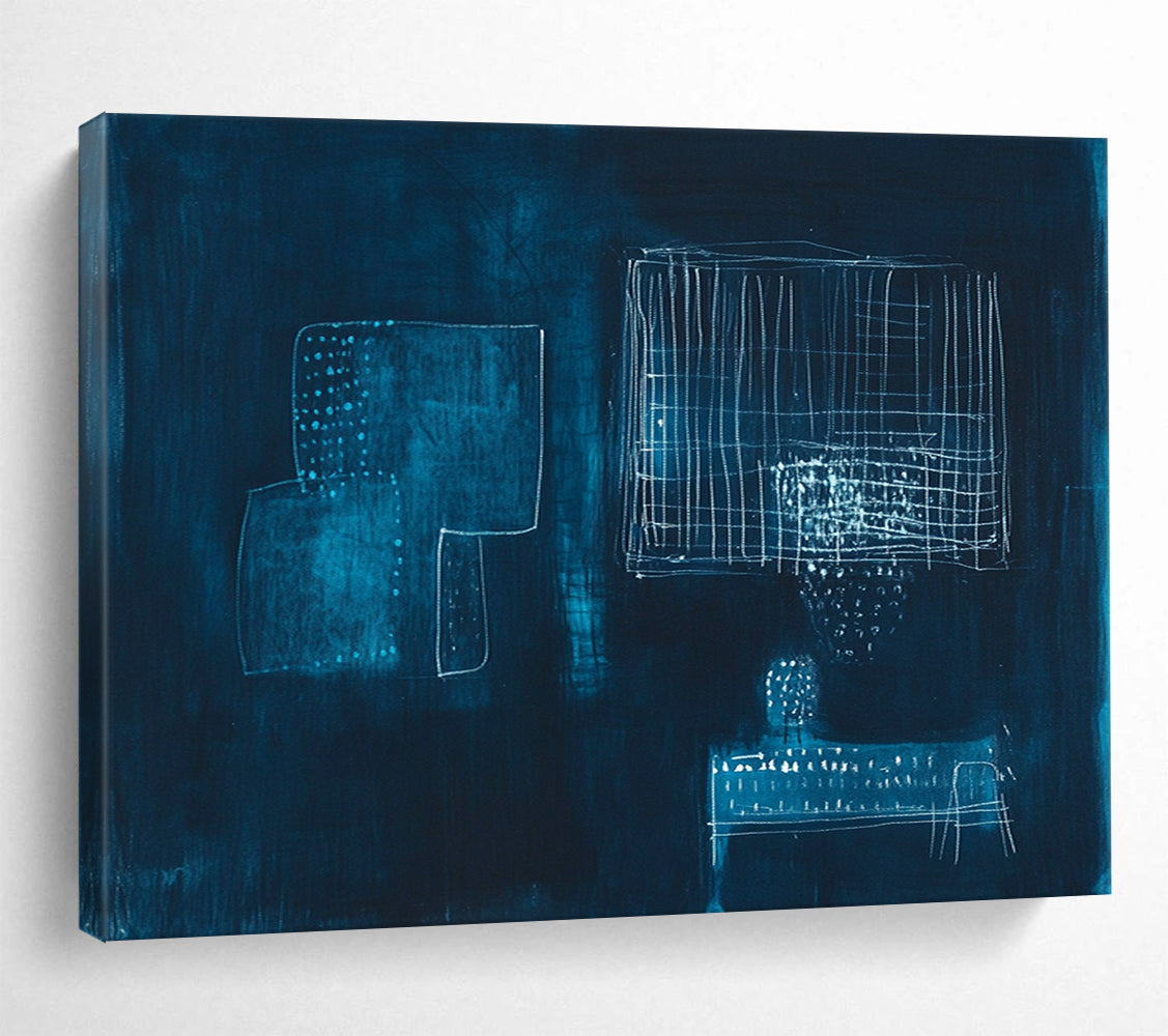 “Abstract White Shapes on Dark Blue” - Expressive Abstract Painting On Canvas HB0525