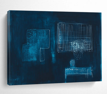 “Abstract White Shapes on Dark Blue” - Expressive Abstract Painting On Canvas HB0525