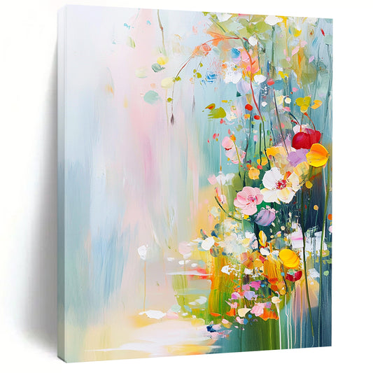 Contemporary abstract painting featuring vibrant flowers and plants in pastel colors with soft brushstrokes creating a tranquil springtime landscape. DLZ0413