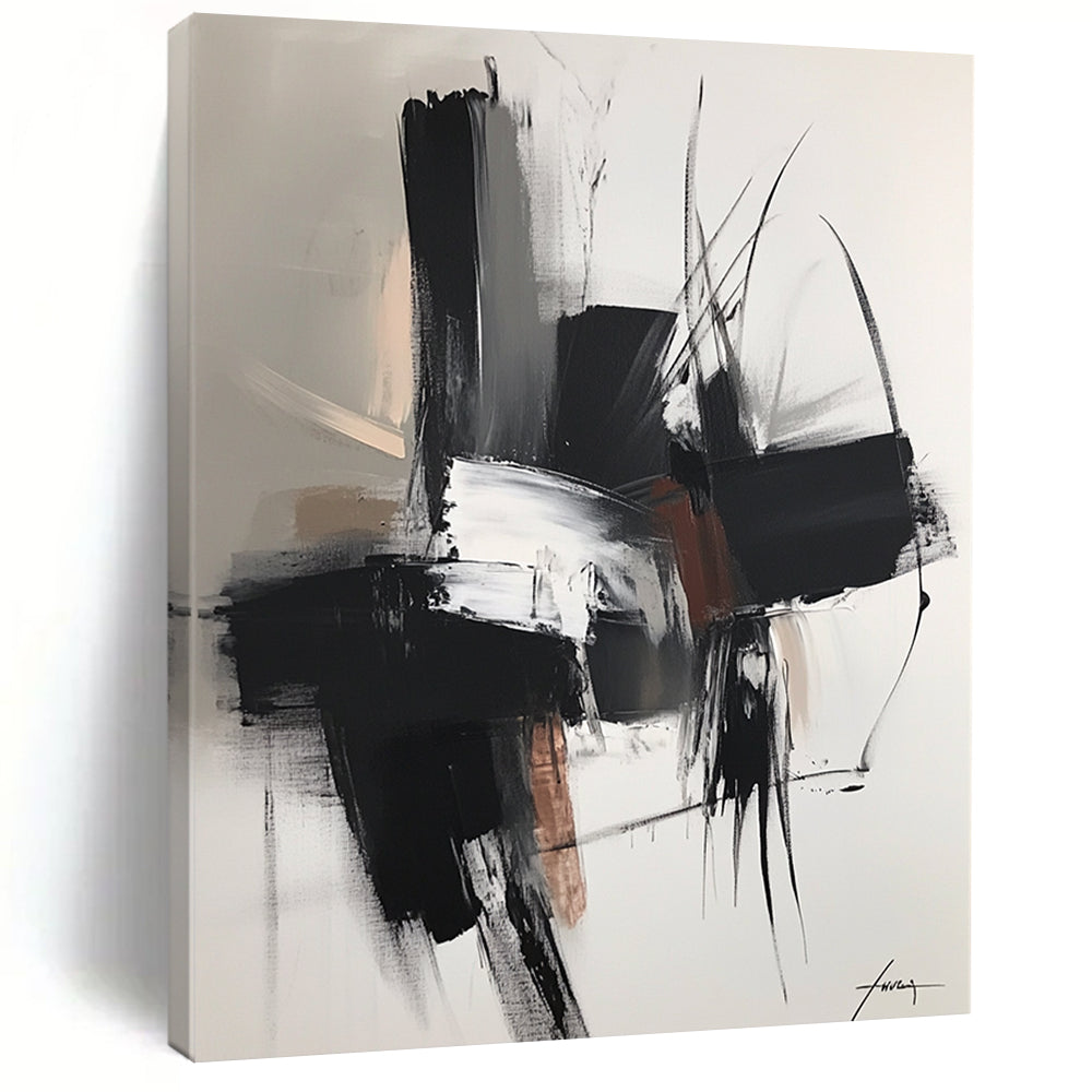 Large contemporary hand-painted abstract artwork featuring dark gray and light bronze shapes with soft edges and subtle textures in neutral tones. DLZ0314