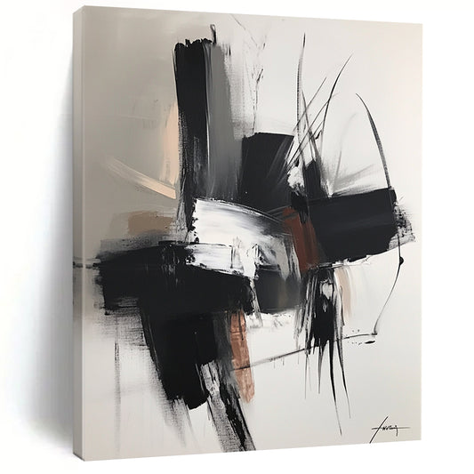 Large contemporary hand-painted abstract artwork featuring dark gray and light bronze shapes with soft edges and subtle textures in neutral tones. DLZ0314