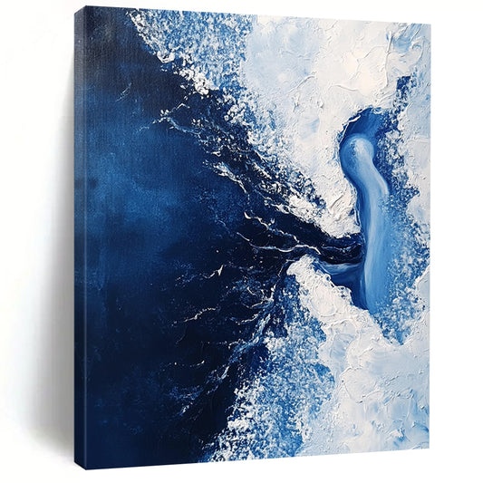 Contemporary abstract painting features a dark blue sea with white foam and an ice woman submerged within flowing water in minimalist style. DLZ0649