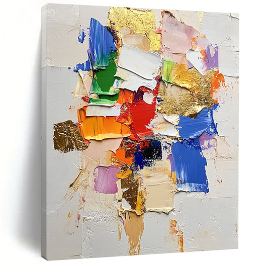 Contemporary hand-painted abstract art featuring textured thick paint vibrant color blocks and elegant gold foil accents on a white background. DLZ0682