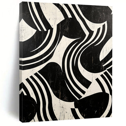 Black and White Curved Stripes "Dynamic Rhythm" Painting On Canvas HB271