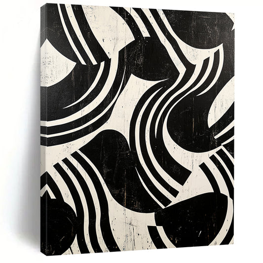 Black and White Curved Stripes "Dynamic Rhythm" Painting On Canvas HB271