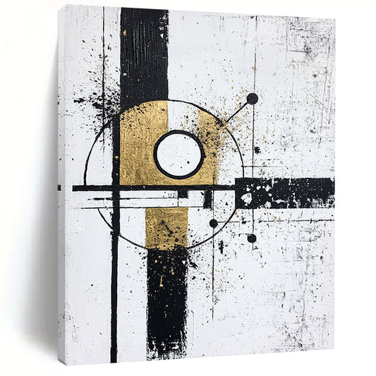 Black, White, Gold, Geometric Fusion "Gilded Geometry" Abstract Cubist - Inspired Painting On Canvas HB103