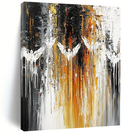 Contemporary abstract painting featuring textured angels in the sky using black white gray gold and rust with expressive brush strokes and dripping paint. DLZ0565