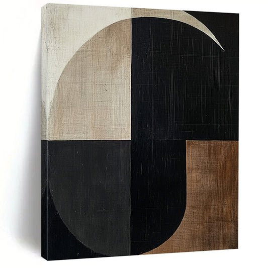 Contemporary hand-painted abstract artwork featuring minimalist black and white shapes with beige and brown tones creating a balanced geometric composition. DLZ1308