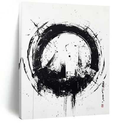 Black and White Circular Ink "Zen Circle" Painting On Canvas HB252