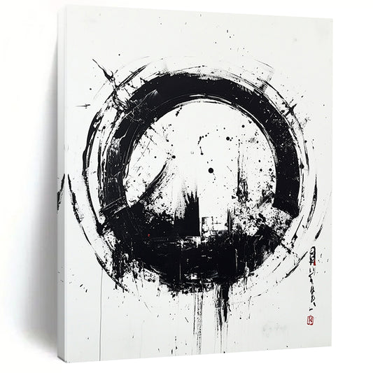 Black and White Circular Ink "Zen Circle" Painting On Canvas HB252