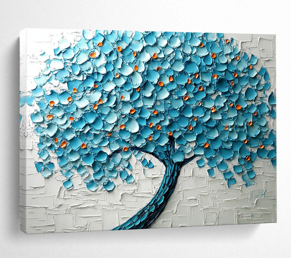 Blue, Orange and White Textured Tree "Vibrant Canopy" Painting On Canvas HB0424