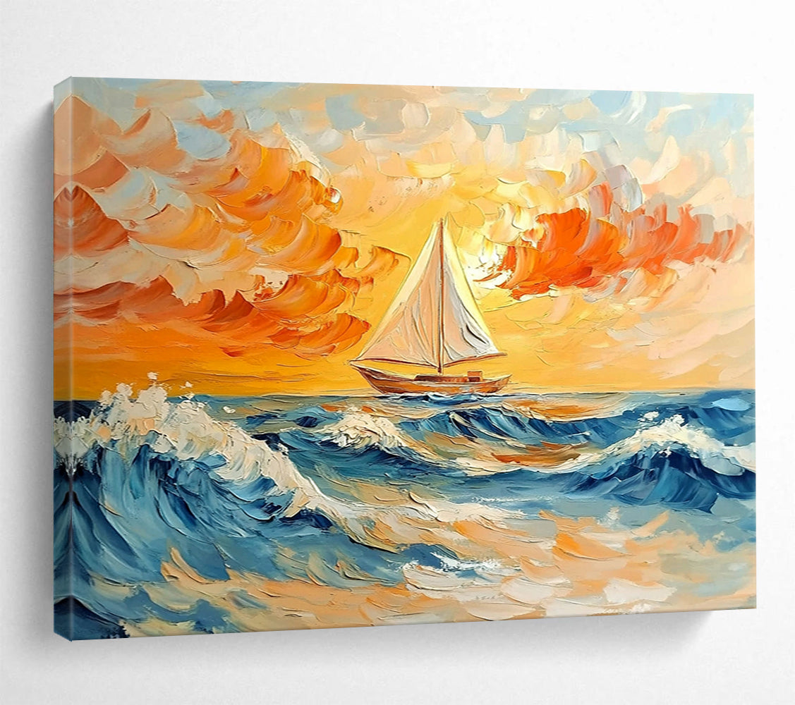 Sailboat on a Colorful Sea at Sunset - Expressive Impasto Seaside Painting On Canvas HB0445