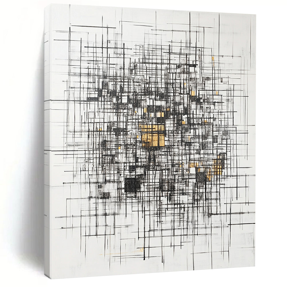 Black, White, Gray, Gold, Triangular Mosaic "Gilded Geometric Puzzle" Abstract Cubist - Inspired Painting On Canvas HB127