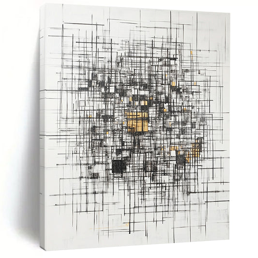 Black, White, Gray, Gold, Triangular Mosaic "Gilded Geometric Puzzle" Abstract Cubist - Inspired Painting On Canvas HB127