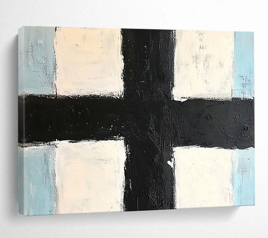 “Black Cross Geometry” - Black, White, Blue, Minimalist Abstract Geometric Painting On Canvas HB1074