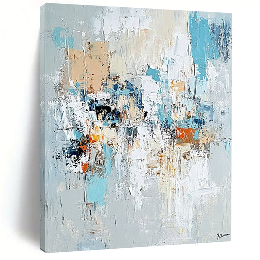 Contemporary hand-painted abstract art featuring chaotic figures with loose gestural lines pale aquamarine and rust tones on a light gray background. DLZ0980