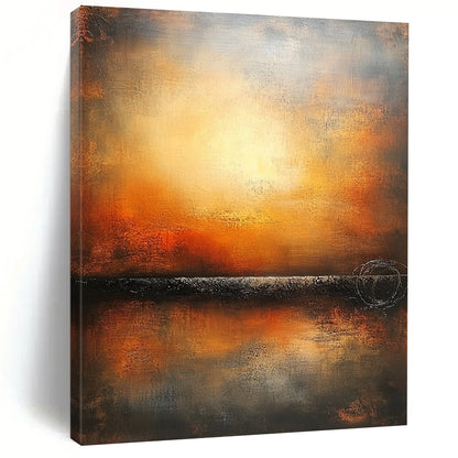 Contemporary hand-painted abstract art featuring an endless horizon in warm colors and muted tones on a textured canvas. DLZ0887