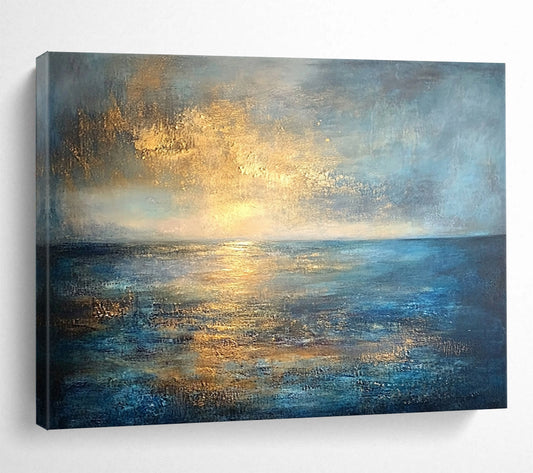 “Golden Sunset Seascape” - Gold, blue, gray; Abstract sunset over the sea; Textured Oil Painting On Canvas HB1188