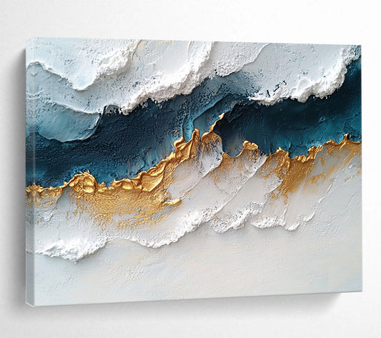 “Elegant Gold - Blue Textures” - White, Blue, Gold, Textured Abstract Painting On Canvas HB0731
