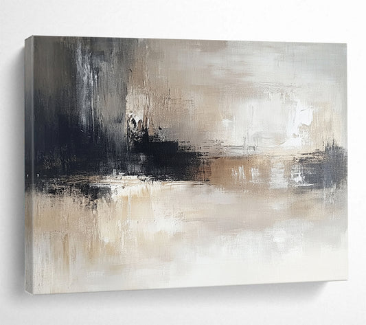 “Neutral Textured Horizon” - Gray, Beige, Black, Abstract Landscape Painting On Canvas HB1071