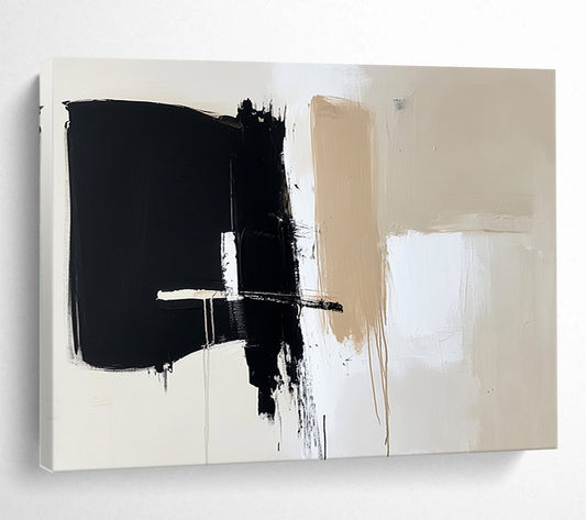 “Black Beige White Minimalist Strokes” - Black, beige, white; Minimalist abstract with bold brushstrokes HB1287