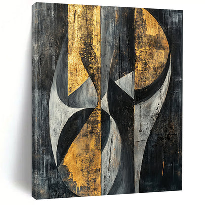 Gray, Black, Gold and Silver Geometric Abstraction "Mystic Geometry" Painting On Canvas HB397
