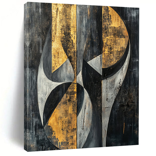 Gray, Black, Gold and Silver Geometric Abstraction "Mystic Geometry" Painting On Canvas HB397