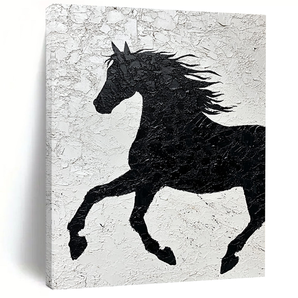 Contemporary abstract painting featuring a textured black horse silhouette on white paper emphasizing strength and freedom through impasto technique and expressive brushstrokes. DLZ1462