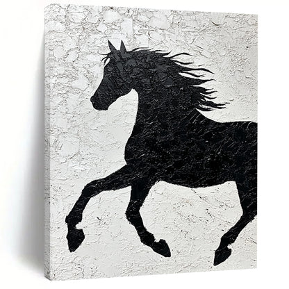 Contemporary abstract painting featuring a textured black horse silhouette on white paper emphasizing strength and freedom through impasto technique and expressive brushstrokes. DLZ1462