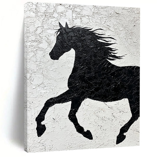 Contemporary abstract painting featuring a textured black horse silhouette on white paper emphasizing strength and freedom through impasto technique and expressive brushstrokes. DLZ1462