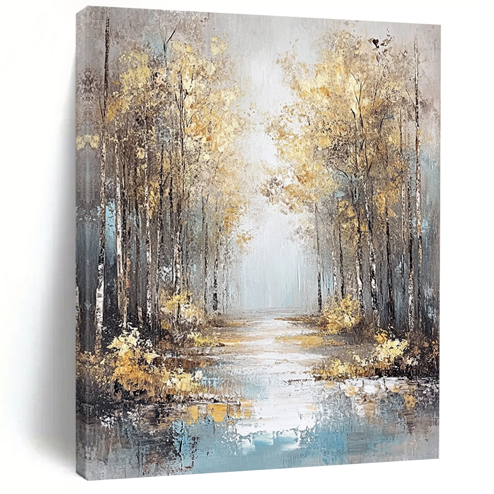 Contemporary hand-painted abstract artwork featuring an autumn forest in gold and orange shades with a reflective water foreground and misty atmosphere. DLZ1472