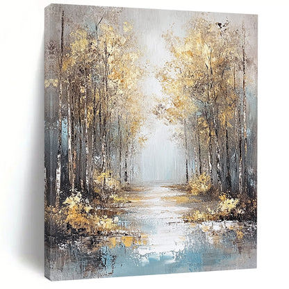 Contemporary hand-painted abstract artwork featuring an autumn forest in gold and orange shades with a reflective water foreground and misty atmosphere. DLZ1472