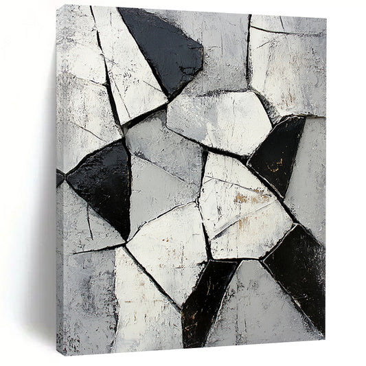 Gray, Black, White, Fragmented Shapes "Broken Mosaic" Abstract Cubist - Inspired Painting On Canvas HB060