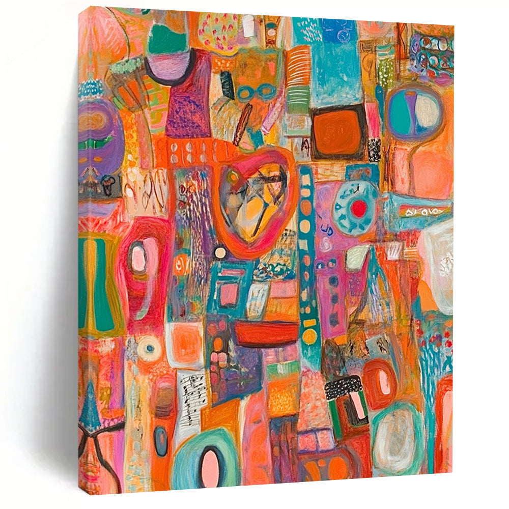 Vibrant contemporary hand-painted abstract art featuring diverse objects with intricate materials and details, offering a dynamic visual experience and rich textures. DLZ1492