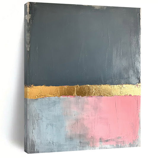 Gray, Gold, Pink, Blue, Horizontal Layers "Gilded Color Divide" Abstract Hard - Edge Painting On Canvas HB165
