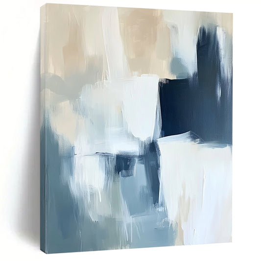 Contemporary abstract painting in soft blue and white with bold brush strokes and subtle black accents, showcasing a minimalist atmosphere and gentle edges. DLZ0529