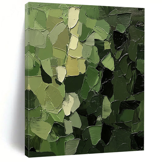 Contemporary abstract painting showcasing shades of green with textured leaf and branch motifs symbolizing stealth and organic beauty in foliage-like depth. DLZ1074