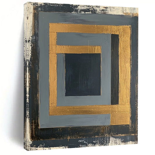 Gray, Black, Gold and White Geometric Frames "Framed Mystery" Painting On Canvas HB349