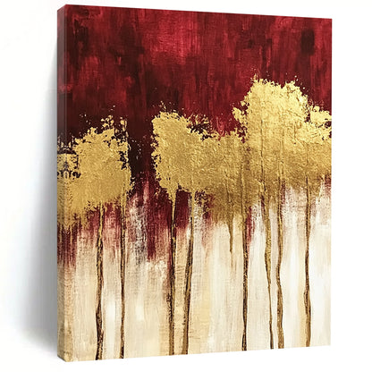 Contemporary hand-painted abstract art featuring textured red and gold trees with striking gold foil accents and a rich dark red and white palette. DLZ1445