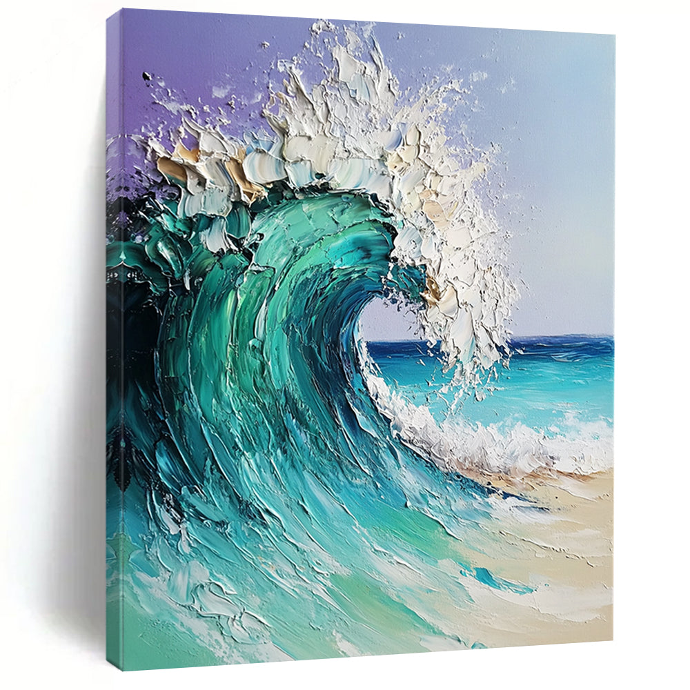 Contemporary hand-painted abstract artwork featuring a dreamy ocean wave in turquoise and blue with textured impasto brushwork on a light purple background. DLZ1095