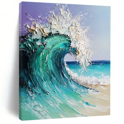 Contemporary hand-painted abstract artwork featuring a dreamy ocean wave in turquoise and blue with textured impasto brushwork on a light purple background. DLZ1095