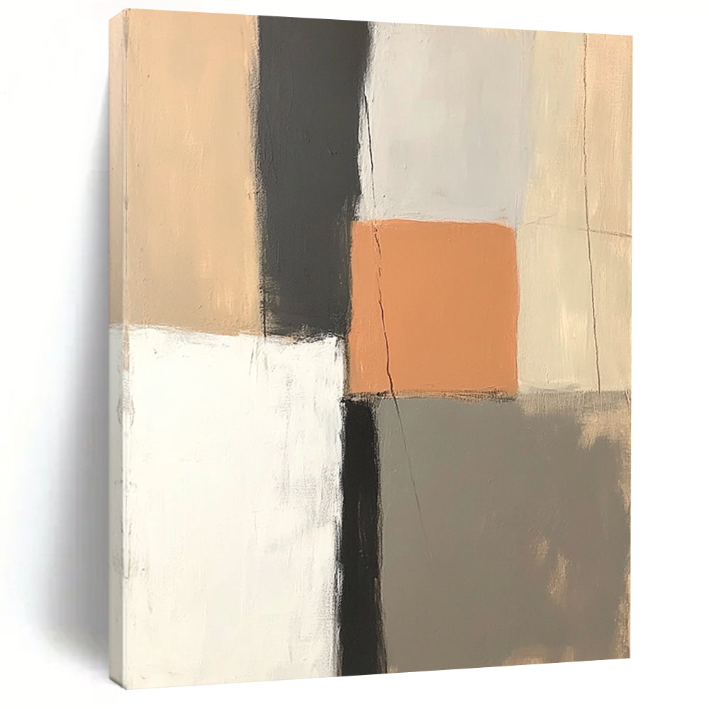 Contemporary hand-painted abstract artwork featuring muted pastel shades with an orange square and contrasting black line for a serene ambiance. DLZ1319