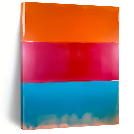 Contemporary hand-painted abstract artwork featuring a large field of color with red, peach, and bright blue vertical sections blending beautifully. DLZ1287