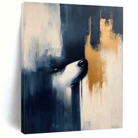 Contemporary hand-painted abstract art featuring dark blue and beige hues with elegant gold accents, perfect for modern decor. DLZ0850