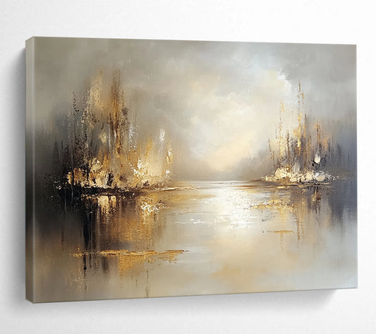 “Misty River with Golden Reflections” - Beige, Gold, Gray, Abstract Serene River Landscape Painting On Canvas HB1094