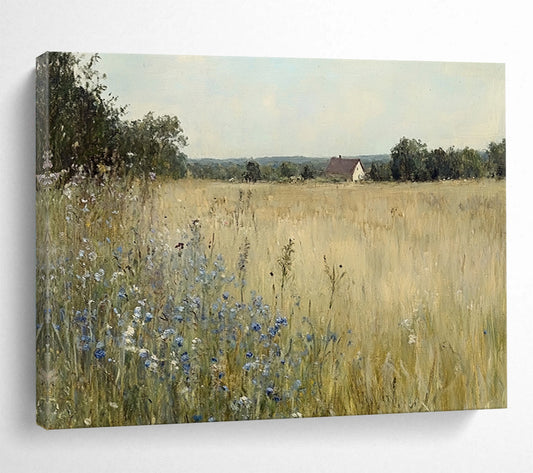 “Rustic Field with Cottage” - Serene field of gold with blue flowers and a distant cottage, Realist Landscape Painting On Canvas HB0544