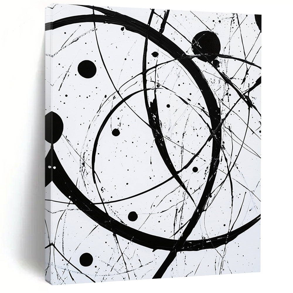 Black, White, Intertwined Circles "Monochrome Orbits" Abstract Modernist Painting On Canvas HB102