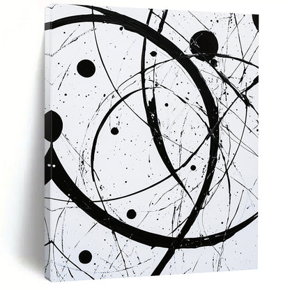 Black, White, Intertwined Circles "Monochrome Orbits" Abstract Modernist Painting On Canvas HB102