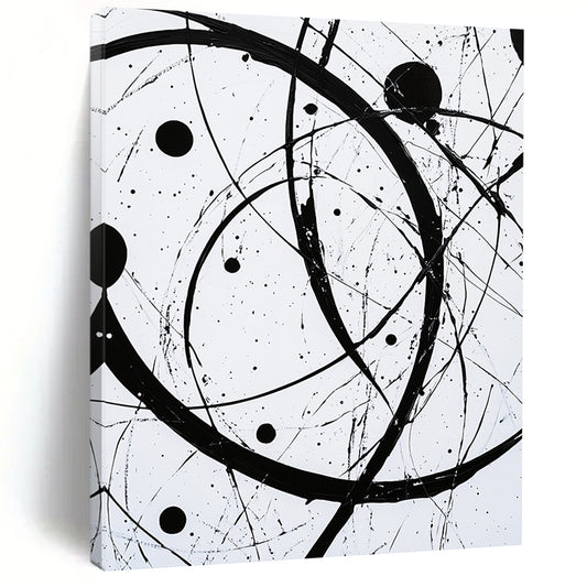Black, White, Intertwined Circles "Monochrome Orbits" Abstract Modernist Painting On Canvas HB102