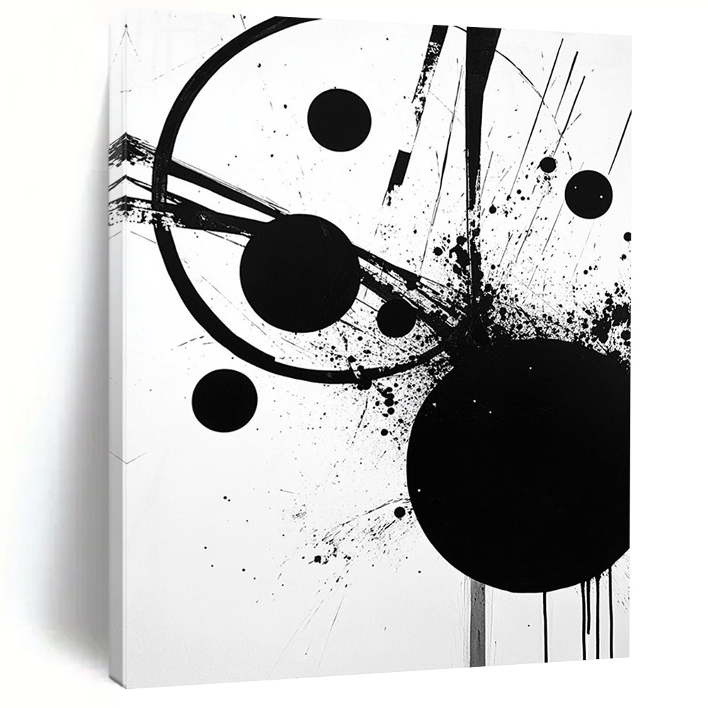 Black Circle, Dots & Lines - “Structured Ink Chaos” Painting On Canvas HB237